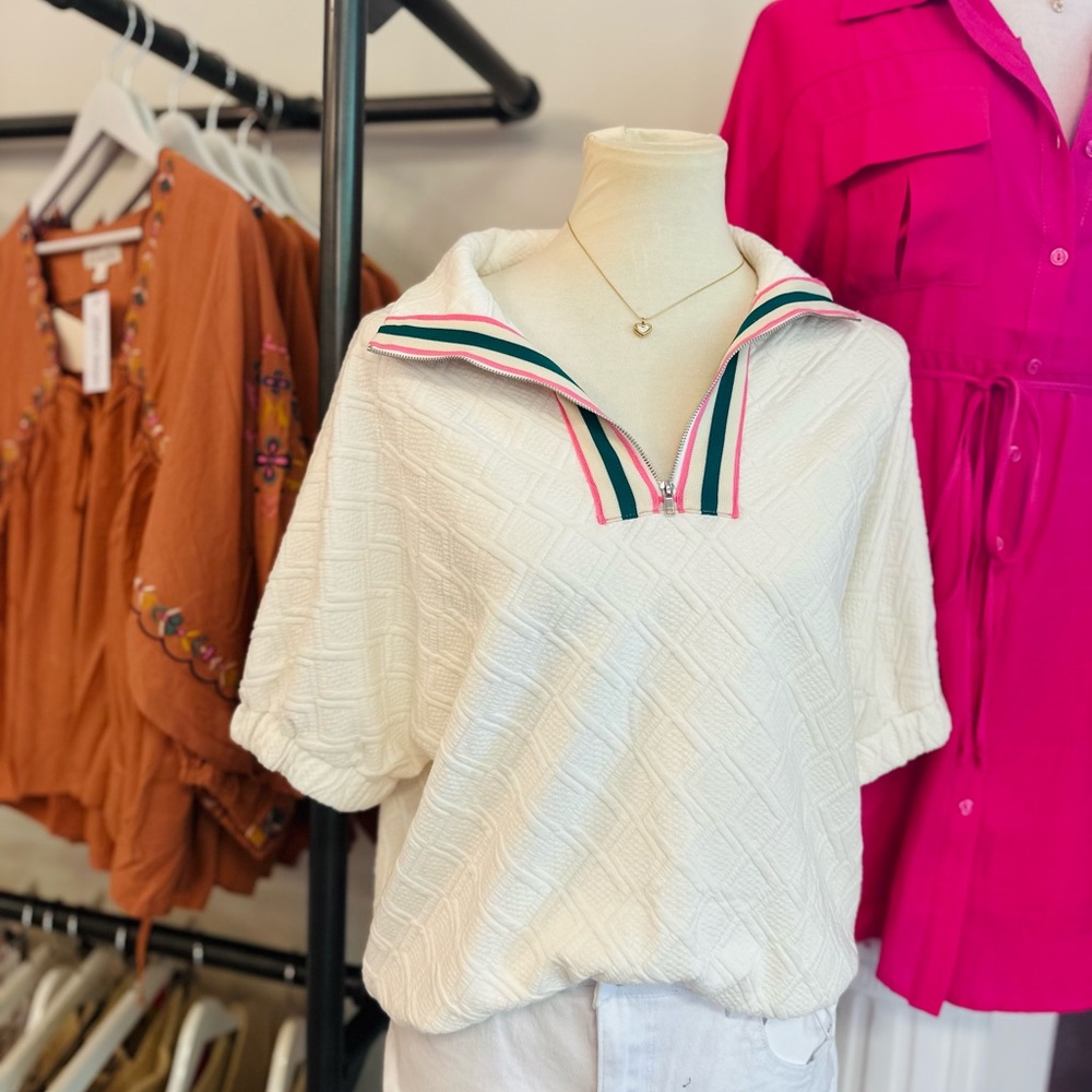 White Textured Women's Top with Striped Collar